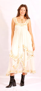 1970's cream and gold embroidered Grecian style dress